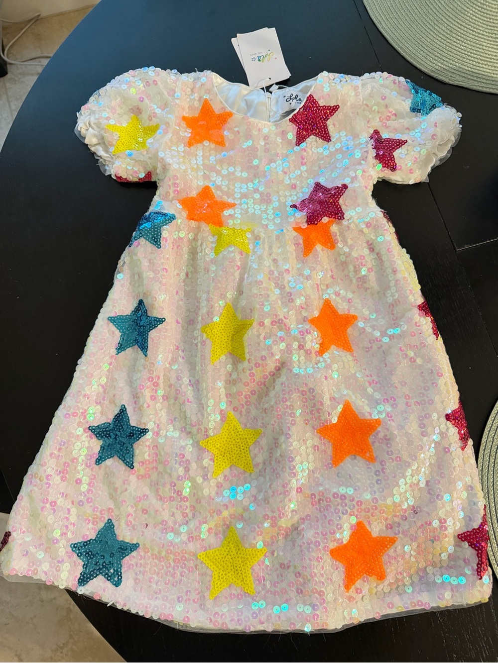 Lola + The Boys White Sequin Dress with Neon Star Appliqués NWT